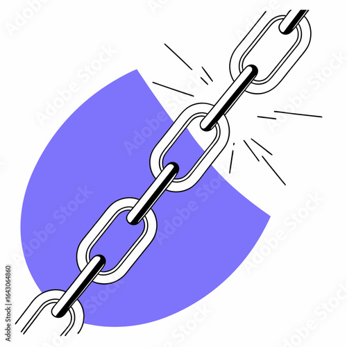 Broken chain link symbolizing freedom and breaking barriers against a purple background