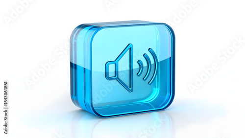 3D blue glass audio volume icon with speaker and sound waves symbol isolated on white background