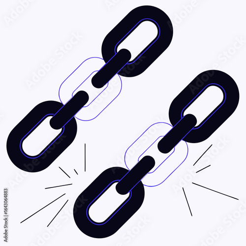 Broken chain links symbolizing disconnection and weakened security on a white background