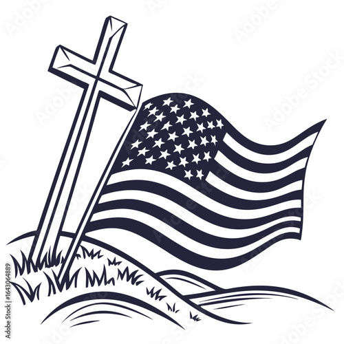 Christian cross and american flag on a hill with grass and waves symbolizing freedom and faith