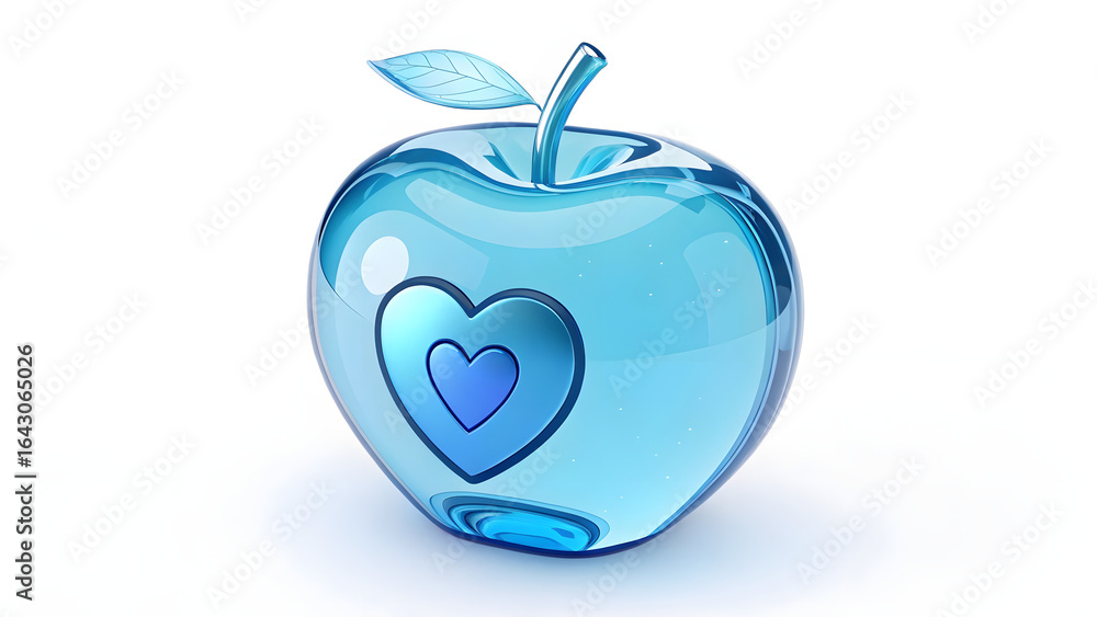 Obraz premium 3D blue glass apple with heart symbol inside, futuristic holographic design isolated on white background