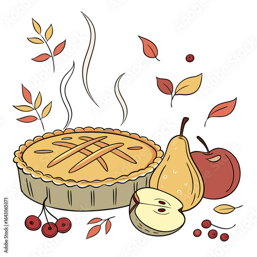 Delicious baked apple pie with fresh fruit and autumn leaves a warm and inviting dessert