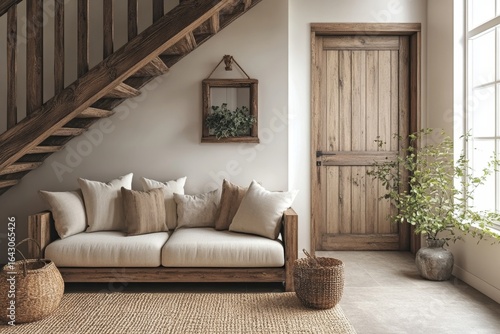 Loveseat sofa placed near a wooden staircase in a modern cottage, featuring French country farmhouse-inspired entryway design. 3D rendering, Generative AI