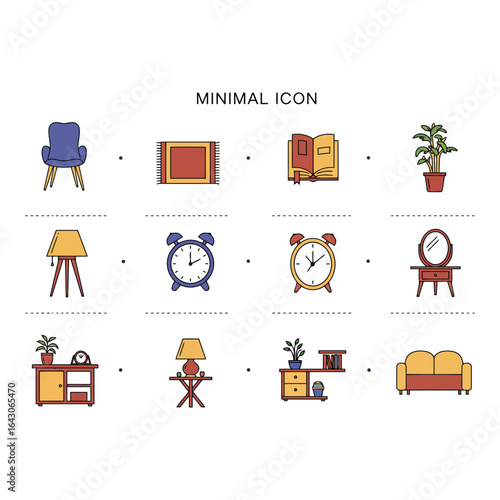 Art of minimalist home decor and furniture icons isolated on white background