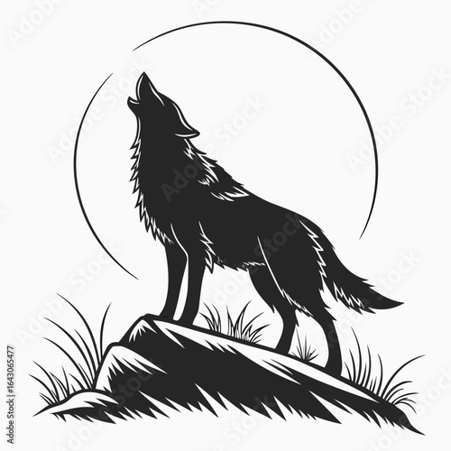 Silhouette of a wolf howling at the moon standing on a rocky outcrop with grass