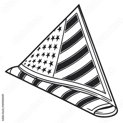 Stylized black and white illustration of a rolled american flag with stars and stripes