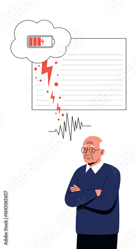 Elderly man experiencing mental fatigue and low energy due to cognitive overload