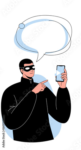 Criminal in black mask showing smartphone with empty speech bubble illustration