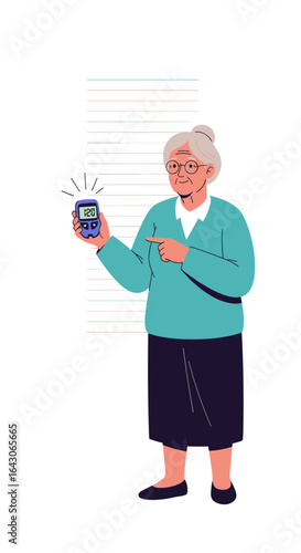 Senior woman demonstrates blood glucose meter for diabetes health monitoring