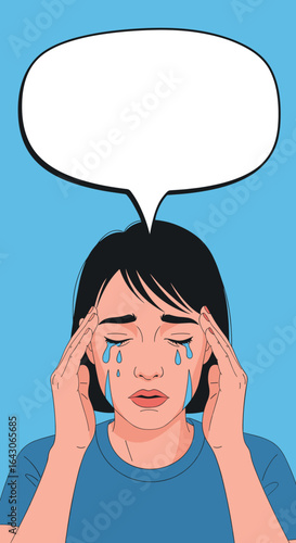 Woman experiencing emotional distress with tearful eyes and hands on temples