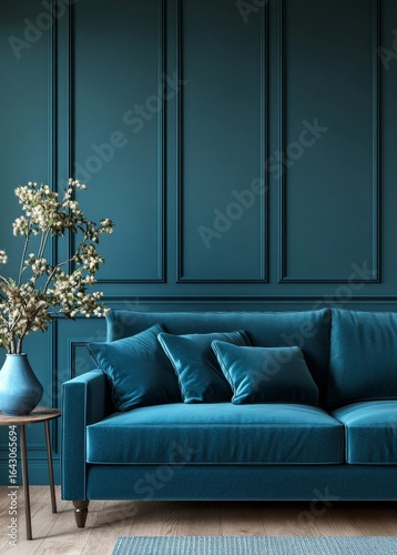 Blue modular sofa against a teal paneling wall, reflecting minimalist loft-style home interior design in a modern living room. 3D rendering, Generative AI