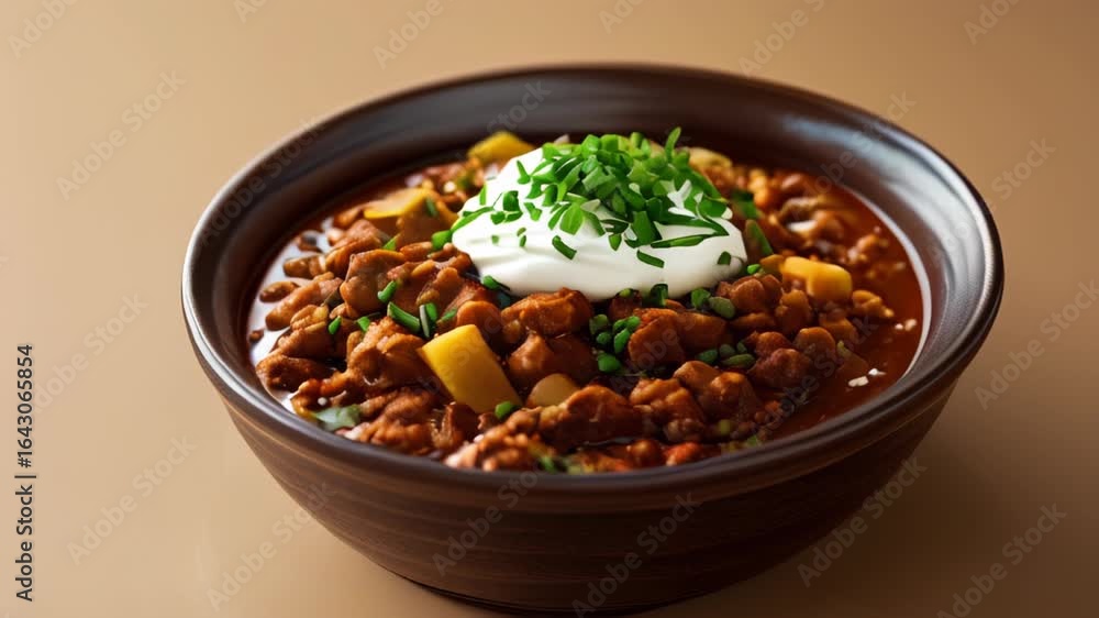 Video showing hot chili in a dark bowl topped with sour cream and chives Video showing hot chili in a dark bowl topped with sour cream and chives