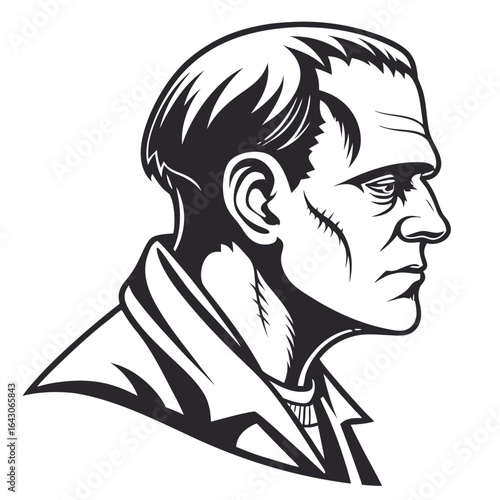Stylized dark gray profile illustration of a man with a prominent forehead and scars on his face