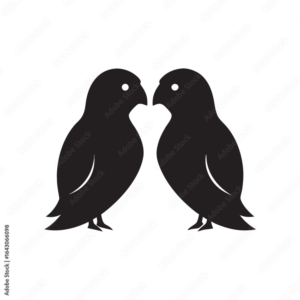 Obraz premium Two stylized black lovebirds facing each other in a symmetrical silhouette against a white background