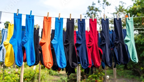 Colorful socks drying outdoors