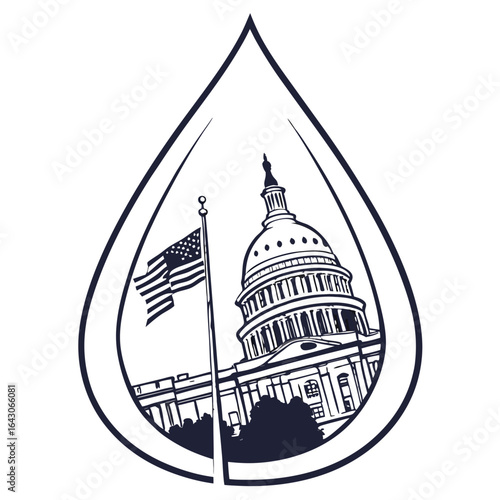 Stylized illustration of the united states capitol building and american flag within a teardrop shape