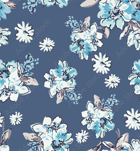 Elegant seamless floral pattern, hand-drawn flowers in blue and white tones with soft beige leaves, set against a navy background. textile prints, apparel design, home decor, gift wrap, packaging