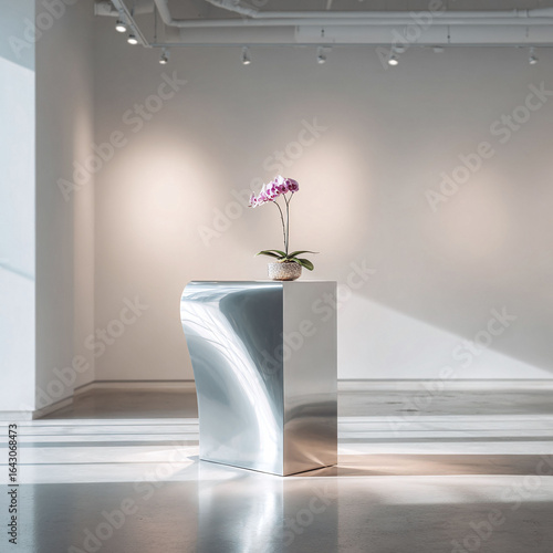 Minimalist interior featuring a silver sculptural table with an orchid. Emphasizes simplicity, elegance, and modern design. Great for concepts like sophistication, tranquility, beauty.