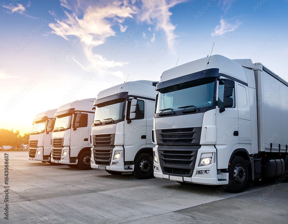 Fototapeta premium Row of white trucks at sunset