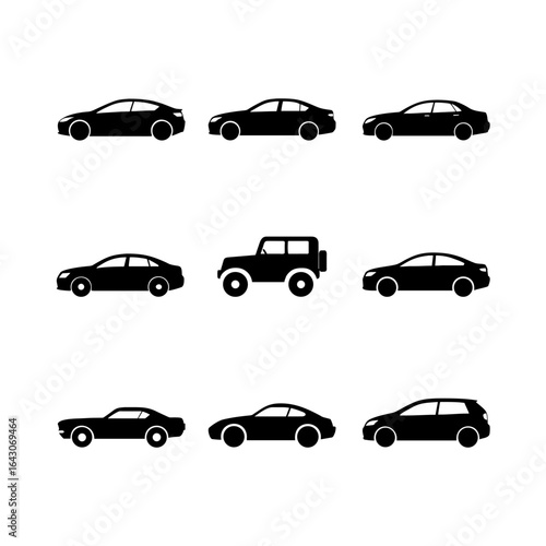 Set of  ultra-minimalist flat car icons in side view