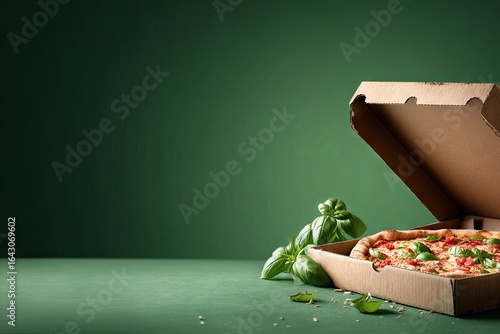 Pizza in a cardboard box against a green background.