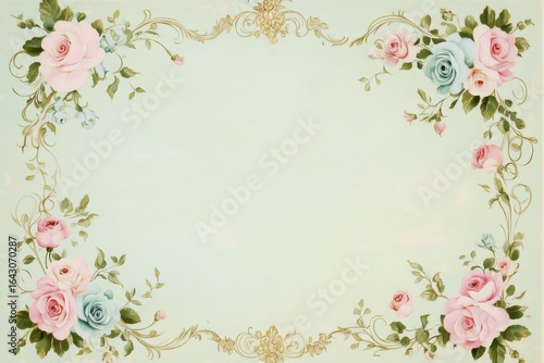 Elegant square frame with floral motif in pink and blue Blank vintage paper background