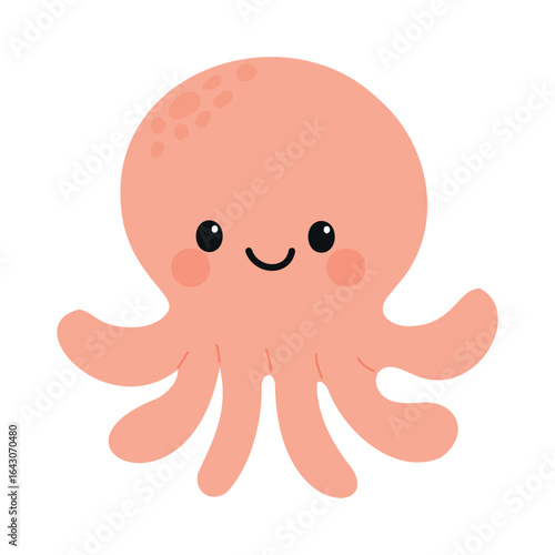 A cute, cartoon-style octopus with a smiling face and eight tentacles. The octopus is a soft pink color with round cheeks and a friendly expression.