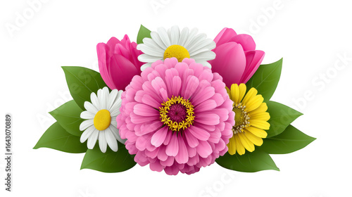 Vibrant bouquet featuring pink zinnias, white daisies, yellow gerberas, and tulips, surrounded by lush green leaves, evokes sense of joy and freshness