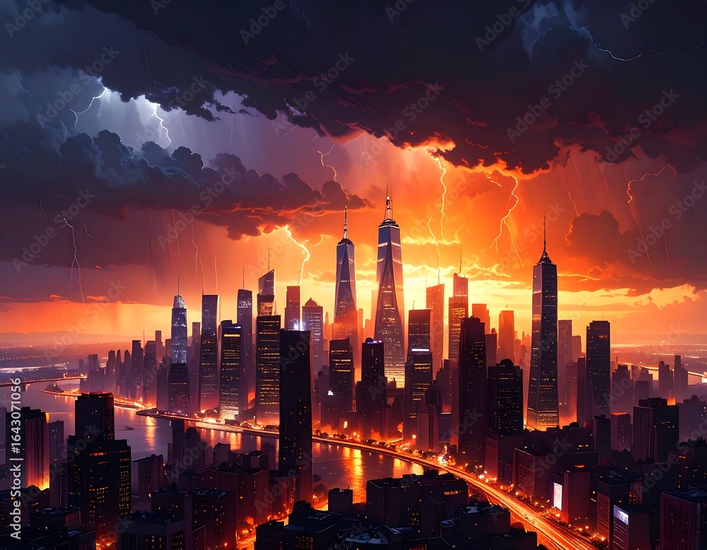 Obraz premium A dramatic cityscape at sunset with intense lightning