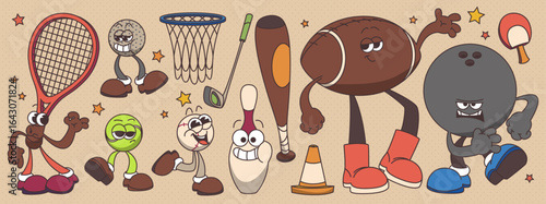 Groovy sport character set with retro mascots - smiling tennis racket, basketball hoop, golf balls, baseball bat, football with arms and bowling in vintage cartoon style for fun sports illustrations.