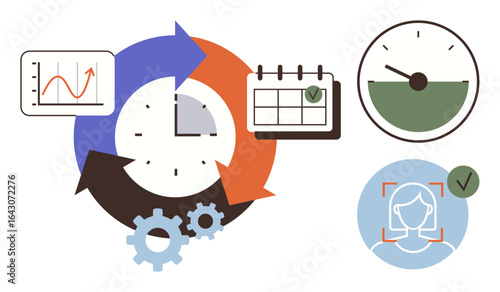 Clock surrounded by arrows, gears, calendar, progress meter, and facial recognition icon. Ideal for productivity, workflow, planning, data tracking organization efficiency simple flat metaphor