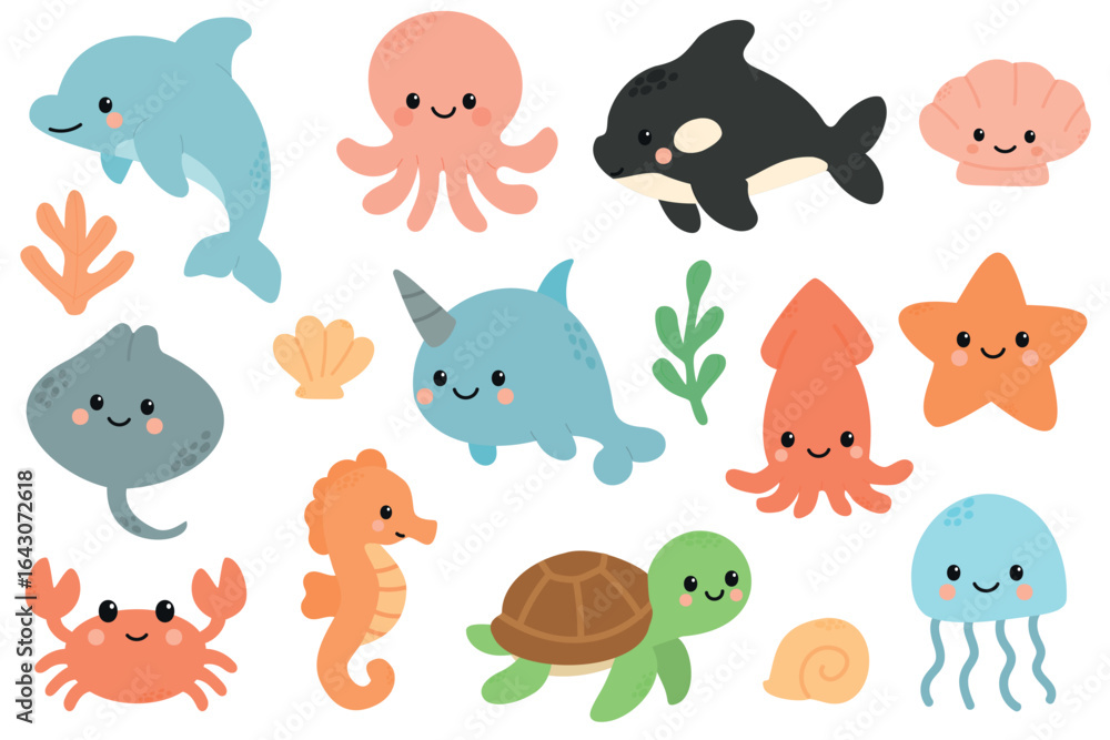 A collection of cute marine animals including a dolphin, octopus, narwhal, crab, seahorse, turtle, jellyfish, and starfish, all in vibrant colors.