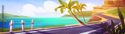 Cartoon road trip scene by sea coast - winding asphalt highway with palm trees, turquoise ocean view, sandy beach landscape and distant hills for summer vacation travel adventure game background.