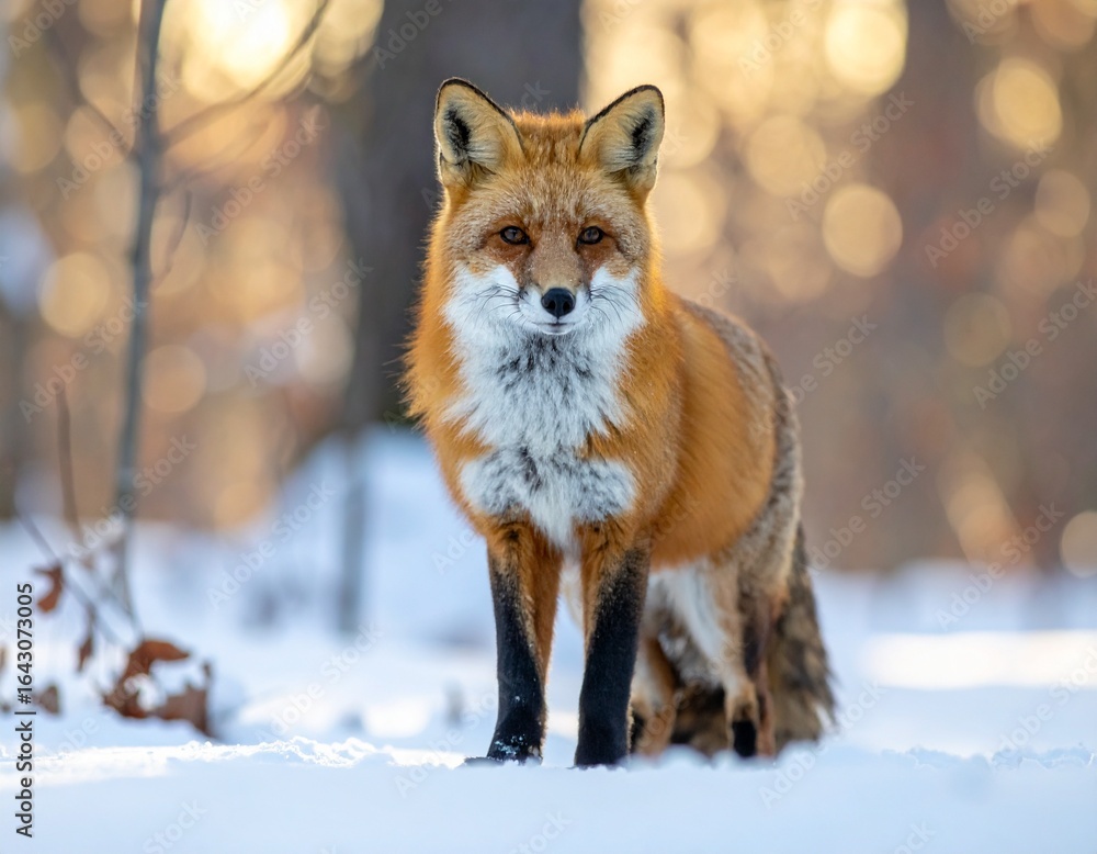 Obraz premium Red fox in snowy forest, soft winter light, ultra realistic, 8K