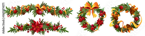 Christmas cartoon garland set with pine branch decorations - festive wreaths and borders with poinsettia flowers, holly berries, golden ribbons, pinecones and baubles for holiday greeting card design