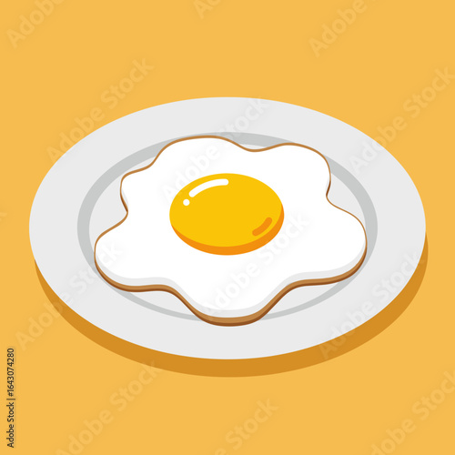 A bright, sunny-side-up egg on a white plate against a vibrant yellow background