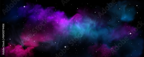 Cosmic nebula with vibrant purple and blue gas clouds - space background with stars, planet atmosphere and interstellar dust. Galaxy scenery for fiction astronomy wallpapers and universe designs.