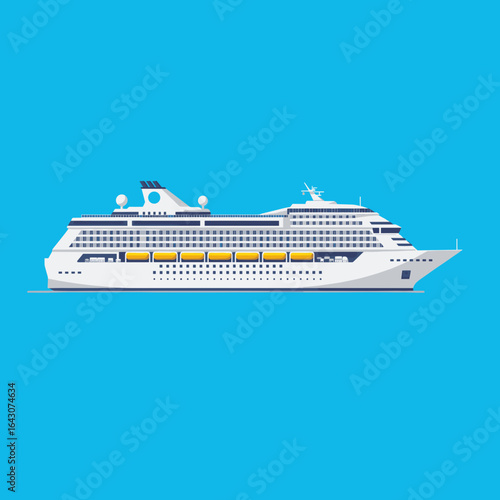 A large cruise ship sailing on a clear blue ocean under a bright sky, showcasing leisure travel