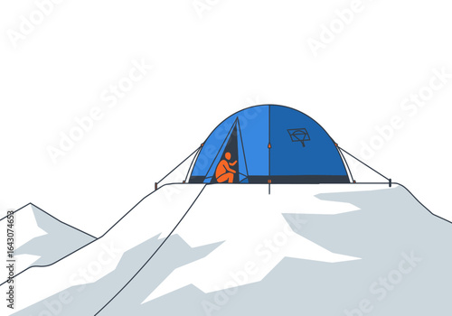 Climber entering blue dome tent pitched on snowy mountain peak.