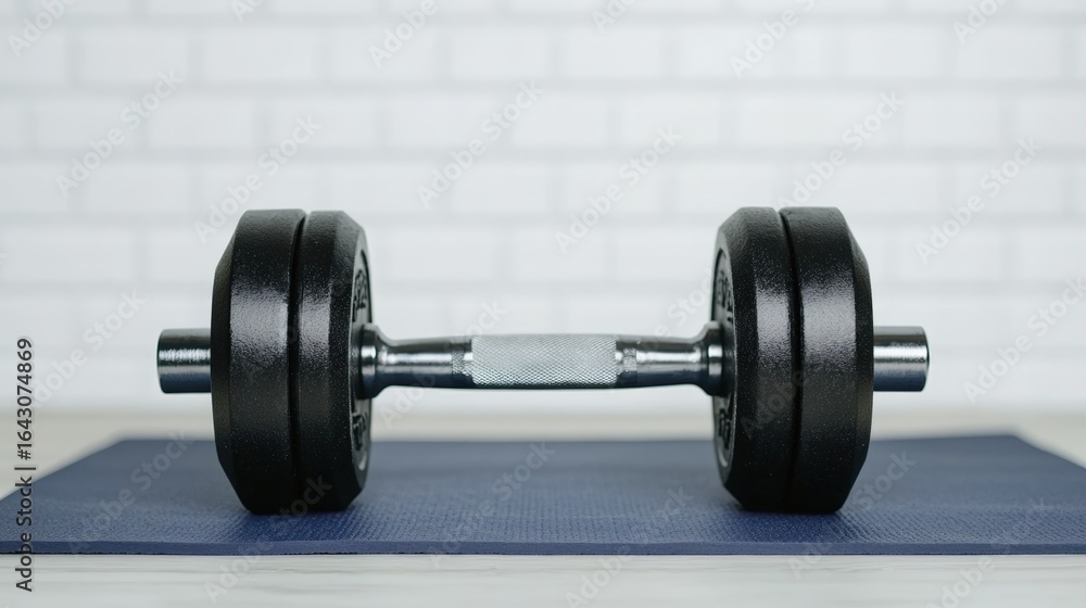 Naklejka premium A black dumbbell rests on a blue exercise mat against a light brick background, ideal for fitness-related content, workout guides, or promoting strength training equipment,