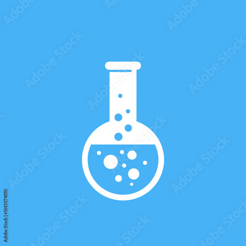 Laboratory flask with bubbling liquid against a bright blue background, symbolizing experimentation