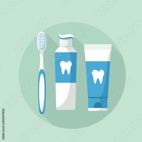 Dental care essentials featuring a toothbrush, toothpaste, and mouthwash on a soft green background