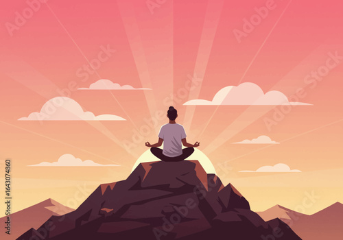 Man Meditating on Mountaintop at Sunrise.