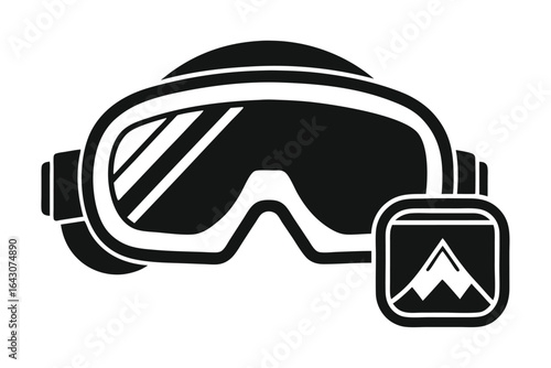 Black ski goggles with mountain icon offer clarity and protection on a white background