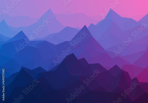 Abstract Low-Poly Mountain Range in Blue and Purple Hues.