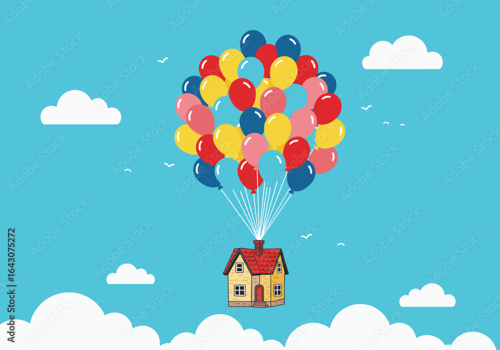 Naklejka premium Colorful Balloons Lifting a Small House in the Sky.