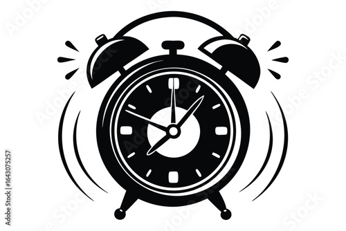 A classic black alarm clock rings loudly with bell sounds represented by motion lines vector