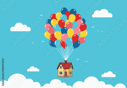 Colorful Balloons Lifting a Small House in the Sky.