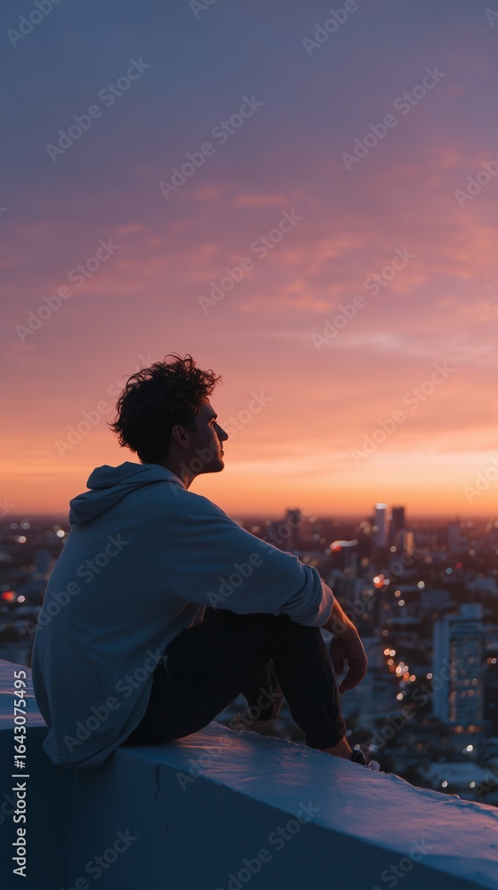 Fototapeta premium Young man enjoys a serene sunset view over a city skyline while sitting on a rooftop ledge at dusk