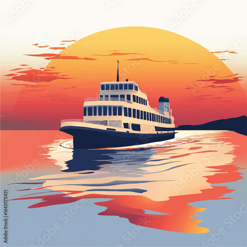 a ferry crossing a river at sunset